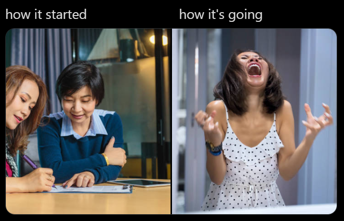 a how it started vs how it's going meme to showcase what happens if you don't refinance